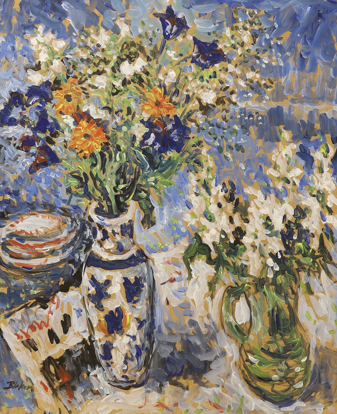Michael Blaker (1928-2018) - Two still life subjects - vase of flowers, oil on board, signed, unframed, 72 x 61cms. and chrysanthemums in vase, oil on board, signed, unframed, 45 x 35.5cms.